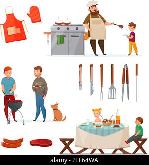 Farbige und isolierte Grill-Party-Symbol mit gegrillten Mahlzeiten gesetzt Und der Chef ist Kochen Vektor-Illustration Stock Vektor