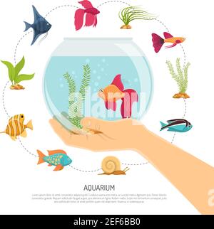Aquarium Hintergrund mit flachen Bildern von verschiedenen Fischarten und Seegras mit editierbarer Textbeschreibung Vektorgrafik Stock Vektor