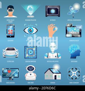 Zukunftstechnologien Symbole mit Öko-Haus, Quantencomputing, Roboter, 5G Internet auf blauem Hintergrund isoliert Vektor-Illustration Stock Vektor