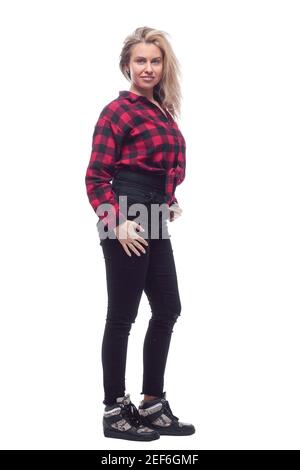 Attraktive junge Frau in einem rot karierten Hemd. Stockfoto