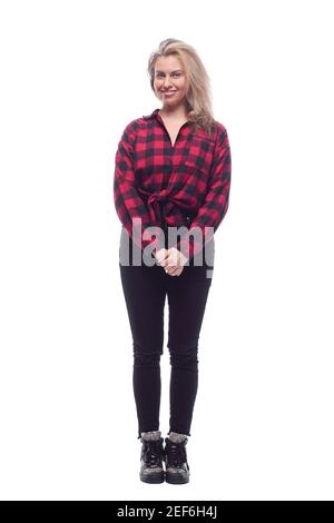 Attraktive junge Frau in einem rot karierten Hemd. Stockfoto