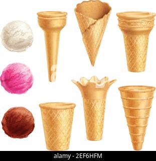 Realistisch gefärbtes und isoliertes Eis Icon Set mit Zapfen Schaufeln und drei Geschmacksrichtungen von Eis Vektor-Illustration Stock Vektor