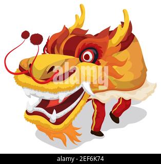 Tänzer, die den chinesischen Drachen tanzen, tragen Kostüme in warmen Farben, isoliert auf weißem Hintergrund. Stock Vektor
