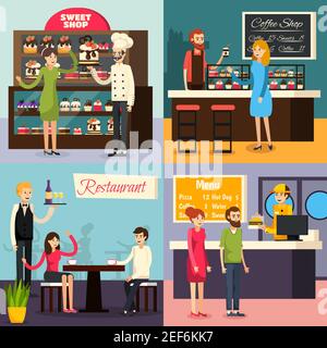 Vier quadratische Café Arbeiter Wohnung Ikone auf Restaurant Cafe gesetzt Bar Sweet Shop Themen Vektor-Illustration Stock Vektor