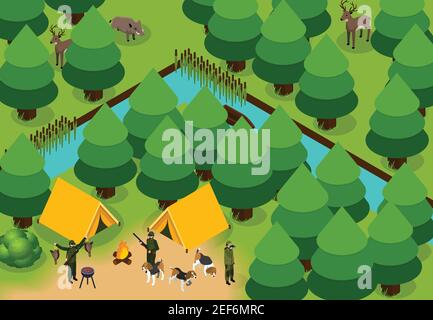 Isometrisch gefärbte Jagdkomposition Gruppe der Jäger mit den Zelten und Hunde im Wald Vektor-Illustration Stock Vektor