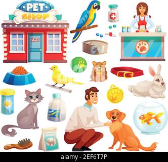 PET Shop dekorative Symbole Set mit Papagei Kaninchen Hund und Katze Symbole und Waren für Haustiere Cartoon isolierte Vektor-Illustration Stock Vektor