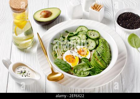 Quinoa-Schüssel mit Ei, Sonnenblumen-Mikrogemüse, Gurke, Avocado, Babyspinat in einer weißen Schüssel auf einem weißen Holztisch, türkische Küche Stockfoto