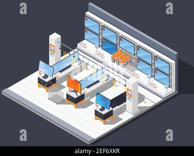 Elektronik Supermarkt isometrische Zusammensetzung mit Elektro-Shop-Raum mit Widescreen tv-Monitore und Geräte zum Verkauf Vektor-Illustration Stock Vektor