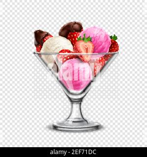 Gefärbtes Eis in durchsichtiger Glasschüssel mit Früchten Transparente Vektordarstellung im Hintergrund Stock Vektor
