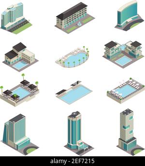 Luxuriöse Hotelgebäude mit isometrischen Symbolen und modernen Wolkenkratzern Pools Und Entspannungsbereich isolierte Vektordarstellung Stock Vektor