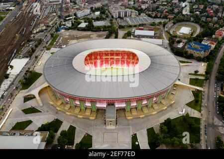 Luftbild über die Puskas Arena in Budapest Ungarn. Austragungsort für mehrere Spiele im Jahr 2021 für Champions League Stockfoto