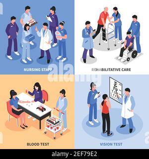 Krankenhausmitarbeiter Konzept 4 isometrische Symbole Quadrat mit Vision Blut Tests und Rehabilitation Krankenschwestern isoliert Vektor Illustration Stock Vektor