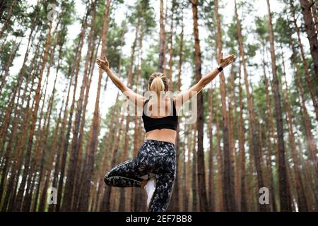 Schöne Frau, die im Wald steht und Yoga macht. Übung und Meditation Konzept. Befolgung zahlen oder Hand heben Konzept. Kiefernholz im Sommerthema. Rückansicht. Stockfoto