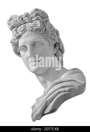 Gott Apollo Büste Skulptur. Altgriechischer gott der Sonne und Poesie Gipskopie einer Marmorstatue isoliert auf weiß Stockfoto
