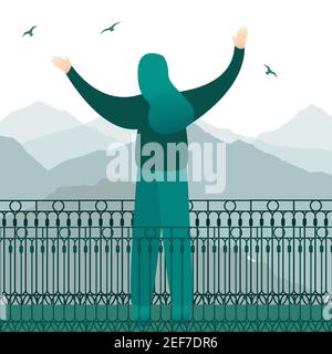 Frau erhobener Arm Blick Berglandschaft mit Cartoon flachen Stil Stock Vektor