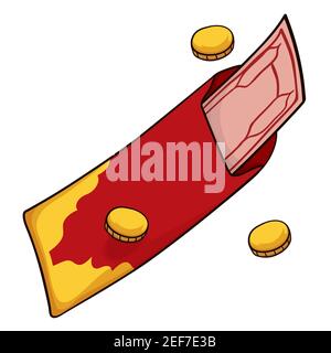 Traditioneller chinesischer roter Umschlag geöffnet, mit Geld und Goldmünzen für Glück, isoliert auf weißem Hintergrund. Stock Vektor