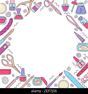 Maniküre Ausrüstung rund Hintergrund. Linie Polieren Nägel, Nagellack, Feile, Pinzette, Handcreme, Schere, Öl, Zangen. Maniküre Umriss Werkzeuge Design Elemente Schönheit und Spa Konzept trendy Vektor Stock Vektor