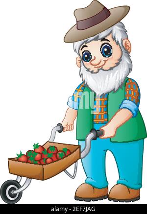 Vektor-Illustration von Bartgärtner schieben einen Erdbeerwagen Stock Vektor