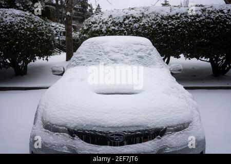 Ein gefrorener Subaru-Sportwagen ist auf einem Parkplatz in der Nachbarschaft in Lake Oswego, Oregon, am Fenraury 13, 2021, nach Schnee und eiskalten Regen zu sehen. Stockfoto