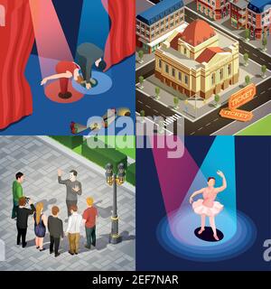 Theatergebäude und Schauspieler auf der Bühne und im Freien 2x2 Isometrische Symbole Set 3D isolierte Vektordarstellung Stock Vektor