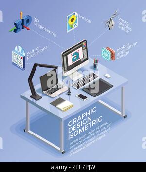 Grafik-Design isometrisches Konzept mit Infografiken und Designer Arbeitsplatz mit Computer zeichnen Tablet-Symbole und Text Vektor Illustration Stock Vektor
