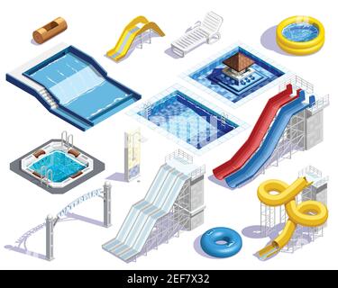 Wasserpark setzen Menschen isometrische Bilder von Wasseranlagen Röhren Pools und Wasserrutschen auf leerem Hintergrund Vektorgrafik Stock Vektor