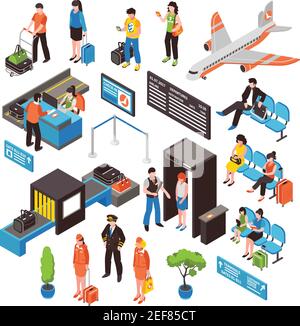 Passagiere des Flughafens Check-in Sicherheitskontrolle Gates waitig Bereich und Flugzeug Isometrische Symbole Sammlung isolierte Vektor-Illustration Stock Vektor