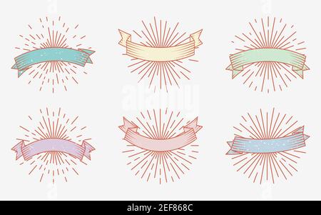 Retro grunge bunte Bänder Set. Vintage Emblem Hipster Stil mit hellen Strahlen. Doodle von Sunburst mit leeren Bannerbändern mit Platz für Text. Alte Elemente für Banner, Plakate. Vektorgrafik Stock Vektor