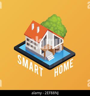 Smart Home Symbol isometrische Komposition Poster mit Fernbedienung Computer gesteuert Haus auf Smartphone-Bildschirm Hintergrund Vektor Illustration Stock Vektor