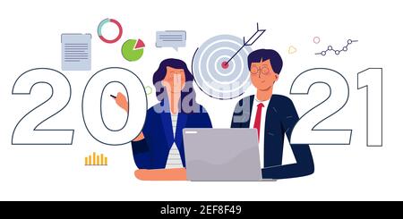 2021 Geschäftsziel Konzept Männer und Frauen arbeiten zusammen Laptop-Hintergrund der Dart-Diagramm mit Cartoon flachen Stil Stock Vektor