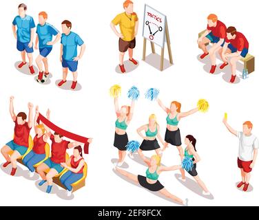 Sport Teamwork Meisterschaft Wettbewerb mit menschlichen Charakteren von Fußballspielern Fans Cheerleader Feld Richter und Trainer Vektor Illustration Stock Vektor