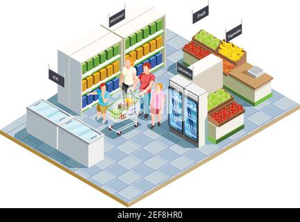 Familie Einkaufen isometrische Zusammensetzung der bequemen Speicher Inneneinrichtung Eltern und Kinder menschliche Charaktere mit Lebensmittelkarren Vektor Illustration Stock Vektor