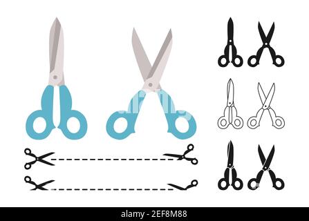 Scherenzeichensatz. Gestrichelt schneiden Coupon Rand, Rabatt-Symbol Schneide. Offene, geschlossene Schneid- oder Zangen-Sammlung. Label Rabatt Zeichen. Erstellen Sie flache Scherenarbeiten. Vektorgrafik Stock Vektor
