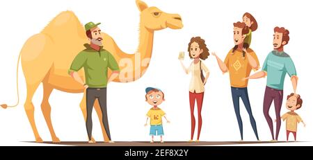 Wilde Tiere Zusammensetzung mit Dromedar Kamel Reitlehrer und Gruppe Von neugierigen Kindern und Erwachsenen Zeichen Vektor-Illustration Stock Vektor