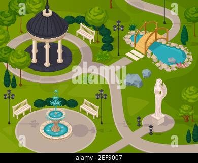 Park Landschaft isometrische Design Komposition mit Pavillon Statue Brunnen See Vektordarstellung des Gehwegs Stock Vektor