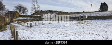 Schnee fängt an, um die Moorlandschaft Paddock und Feld zu löschen Stockfoto
