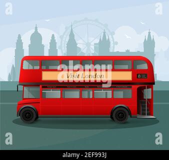 Realistischer london Doppeldeckerbus mit Schriftzug auf grauem Hintergrund Mit Silhouetten von Orientierungspunkten Vektordarstellung Stock Vektor