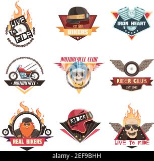 Fahrer Etiketten Satz von neun flachen isolierten Motorrad Club Embleme Mit Totenkopf Flamme Flügel und Räder Vektor Illustration Stock Vektor