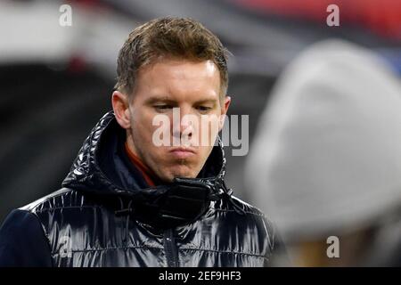Budapest, Ungarn. Februar 2021, 16th. Fußball: Champions League, K.O.-Runde, Runde 16, erste Etappe, RB Leipzig - FC Liverpool in der Puskas Arena. Trainer Julian Nagelsmann aus Leipzig nach dem Spiel. Kredit: Marton Monus/dpa/Alamy Live Nachrichten Stockfoto