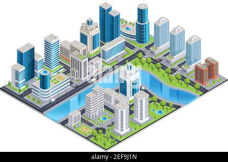 Moderne Stadtlandschaft isometrische Komposition mit Skyline Gebäude Straßen Fluss Und Vektorgrafik Parkzone Stock Vektor