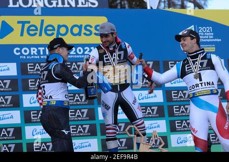 Podium während 2021 FIS Alpine Skiweltmeisterschaft - Parallel Riesenslalom - Männer, alpines Skirennen in Cortina (BL), Italien, Februar 16 2021 Stockfoto