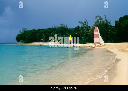 Segelboote werden an einer Küste in der Nähe von Sandy Lane Hotel Beach, Barbados, Karibik gesehen Stockfoto