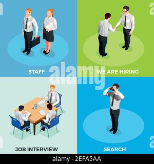 Rekrutierung isometrisches 2x2-Designkonzept mit Stellenbewerbern eingestellt Bunte Hintergründe 3D isolierte Vektor-Illustration Stock Vektor