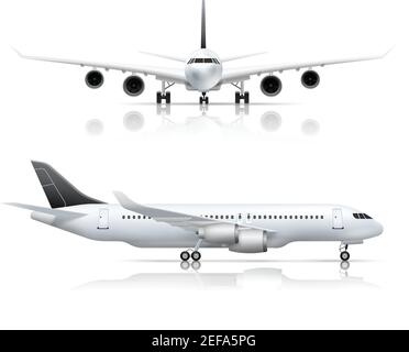 Große Passagier Jet Airliner Vorder-und Seitenflugzeug Ansicht realistisch Weiße Hintergrundreflexion als isolierte Vektorgrafik festlegen Stock Vektor