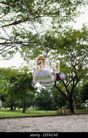 Rückansicht eines Jungen, der auf einer Kettenschaukel sitzt Fahren Sie in einem Park Stockfoto