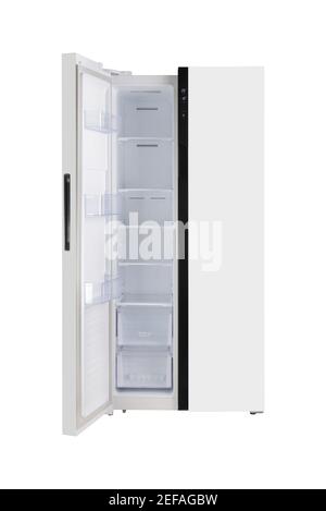 Hauptgerät – Vorderansicht weiß, Tür links offen, zweitürig, seitlich, Kühlschrank, auf weißem Hintergrund. Isoliert Stockfoto
