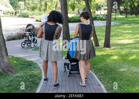 Zwei junge Mütter schieben Kinderwagen im Park. Frauen im Park zu Fuß mit Kinderwagen Stockfoto