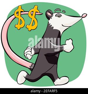 Seitenprofil einer Maus, die mit Dollarzeichen herumläuft Auf dem Schwanz Stockfoto