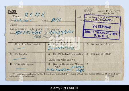 3-Tage-Pass von Armee nationalen Service, REME 1948, England, Großbritannien, historische Armeepapiere Stockfoto