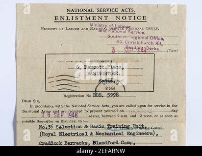 Bekanntmachung über die Einberufung des nationalen Militärdienstes von 1948, England, Großbritannien Stockfoto